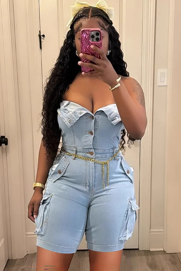 Strapless Button Up Pockets Denim Casual Playsuit Romper-Blue