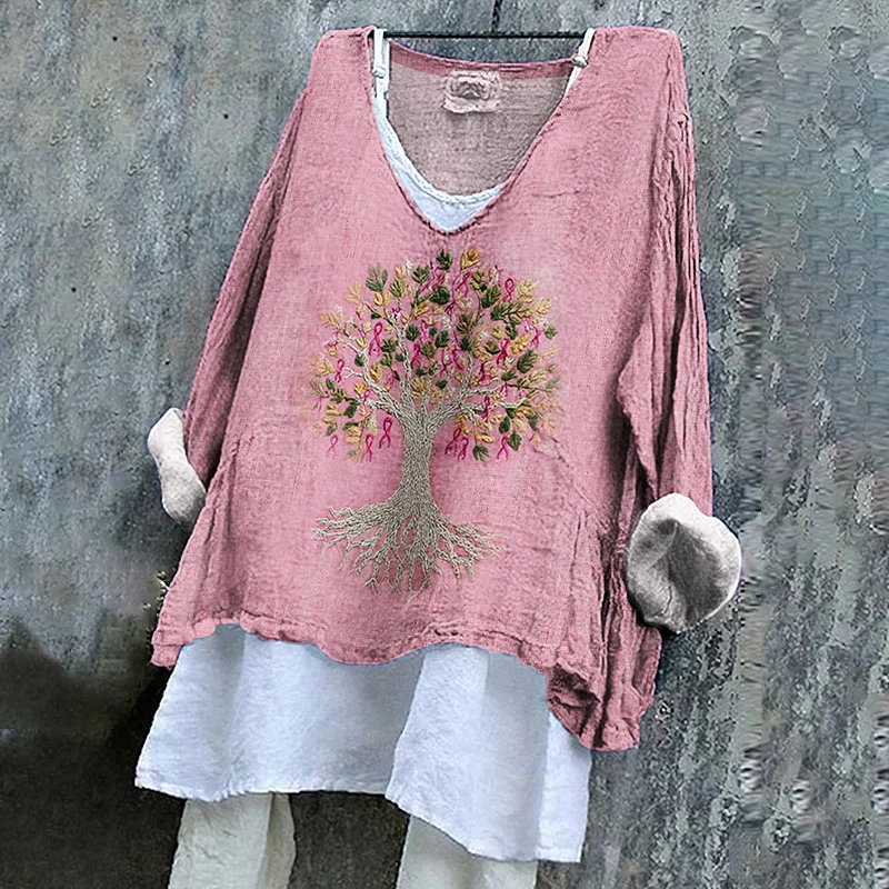Women's Breast Cancer Consciousness Tree Of Life Webbing Linen T-shirt