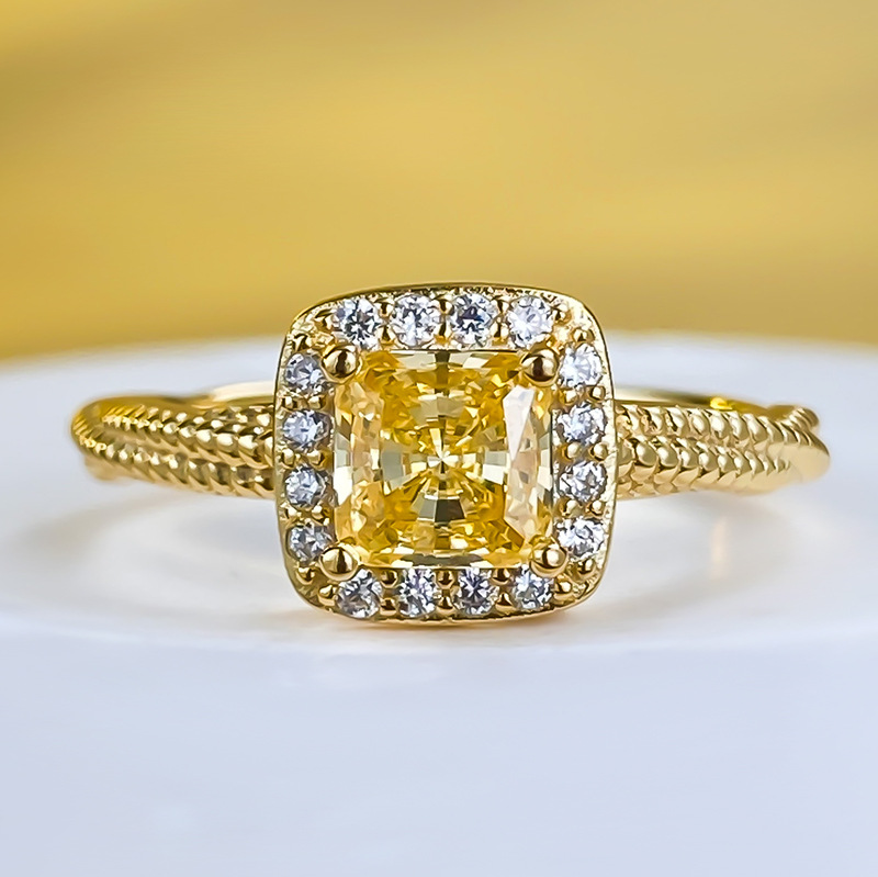 MIKAMU Jewelry S925 Silver 5*5 Sugar Cube Yellow Diamond Ring