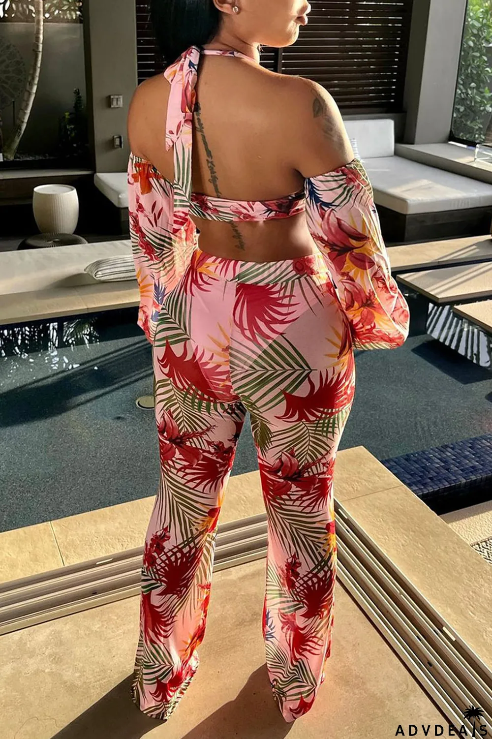 Pink Sexy Print Split Joint Halter Long Sleeve Two Pieces