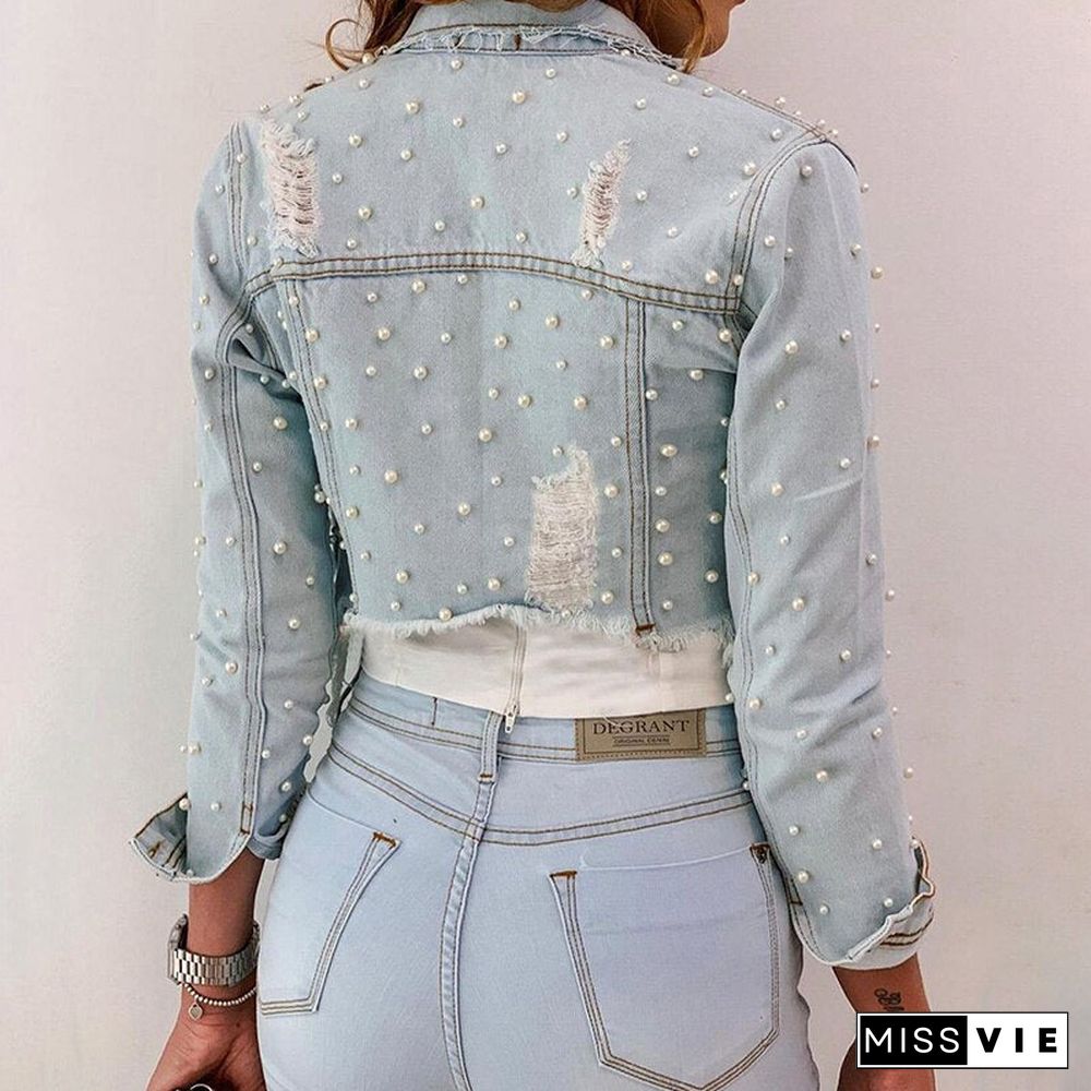 Spring Autumn Women Turn Down Collar Beaded Ripped Fringe Hem Denim Coat Fashion Ladies Shirt Outdoor Wear Casual Tank Tops
