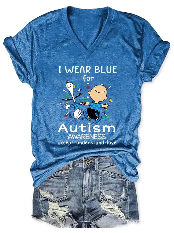 V-neck Autism Awareness I Wear Blue For Autism Print T-Shirt
