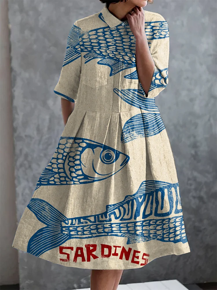Vintage Sardines Print Casual Elegant Pocket Half Sleeve Dress