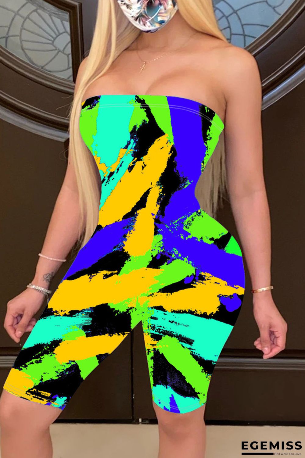 Yellow Sexy Fashion Printed Strapless Slim Romper | EGEMISS