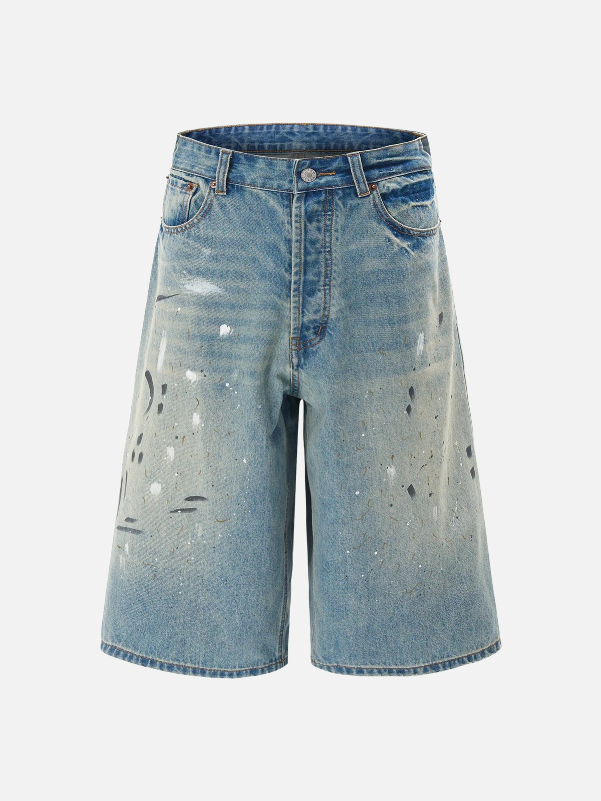 Blue Splash-Ink Hand Drawn Washed Longline Jorts Front