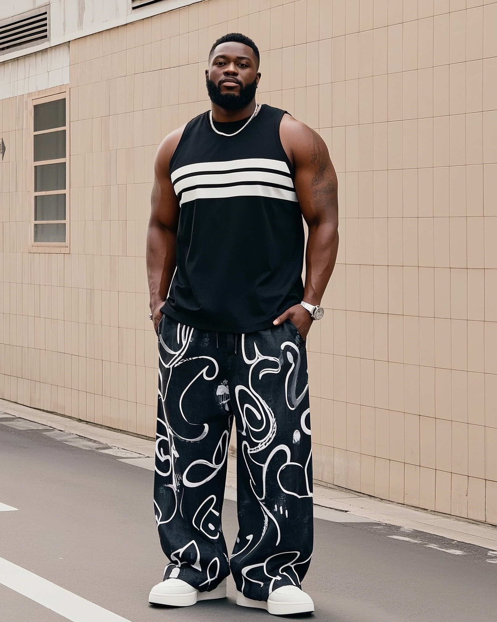 Men's Plus Size Daily Casual Striped Vest Graffiti Style Trousers Suit