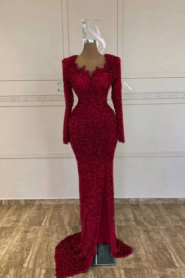 Lussooy Stunning Green Square Neck Beaded Long Sleeves Sheath Prom Dress with Split 