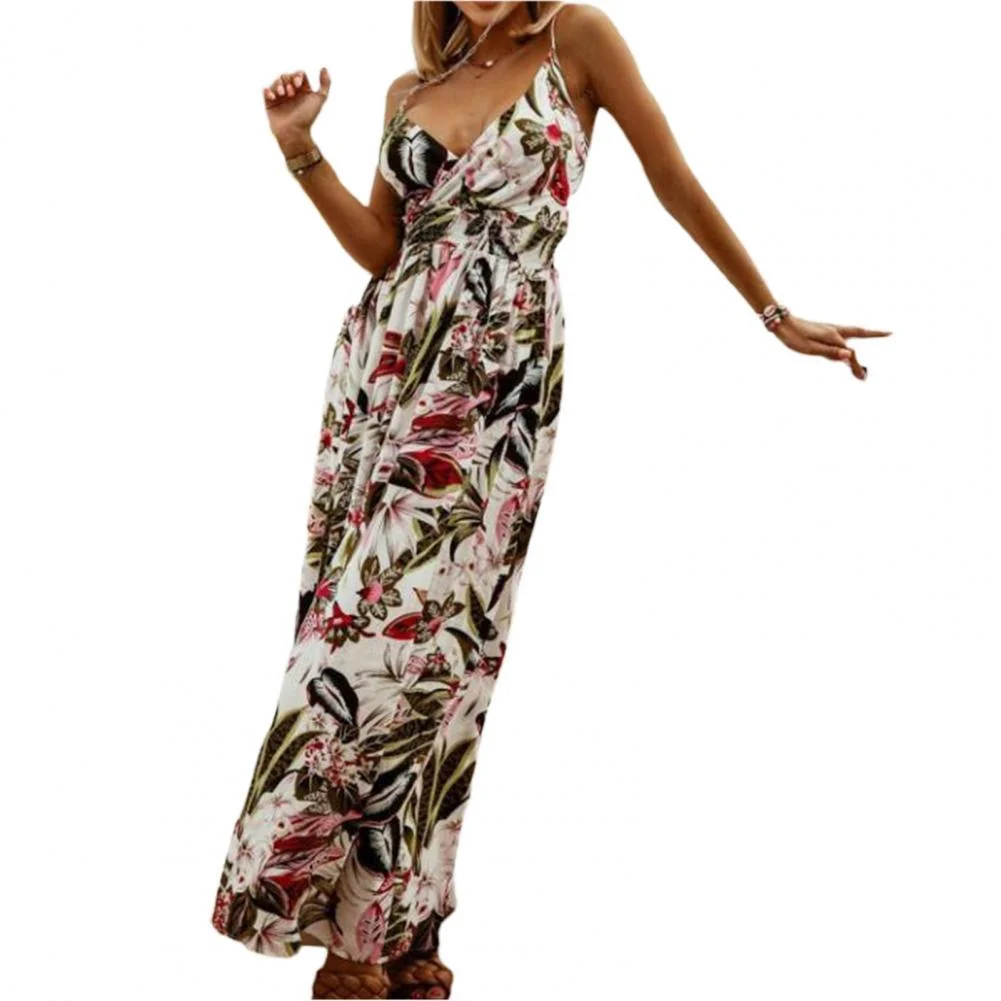 Ladies Summer Flower Print Spaghetti Dress  V-Neck Waist Bohemian Backless Holiday Dress Footnote