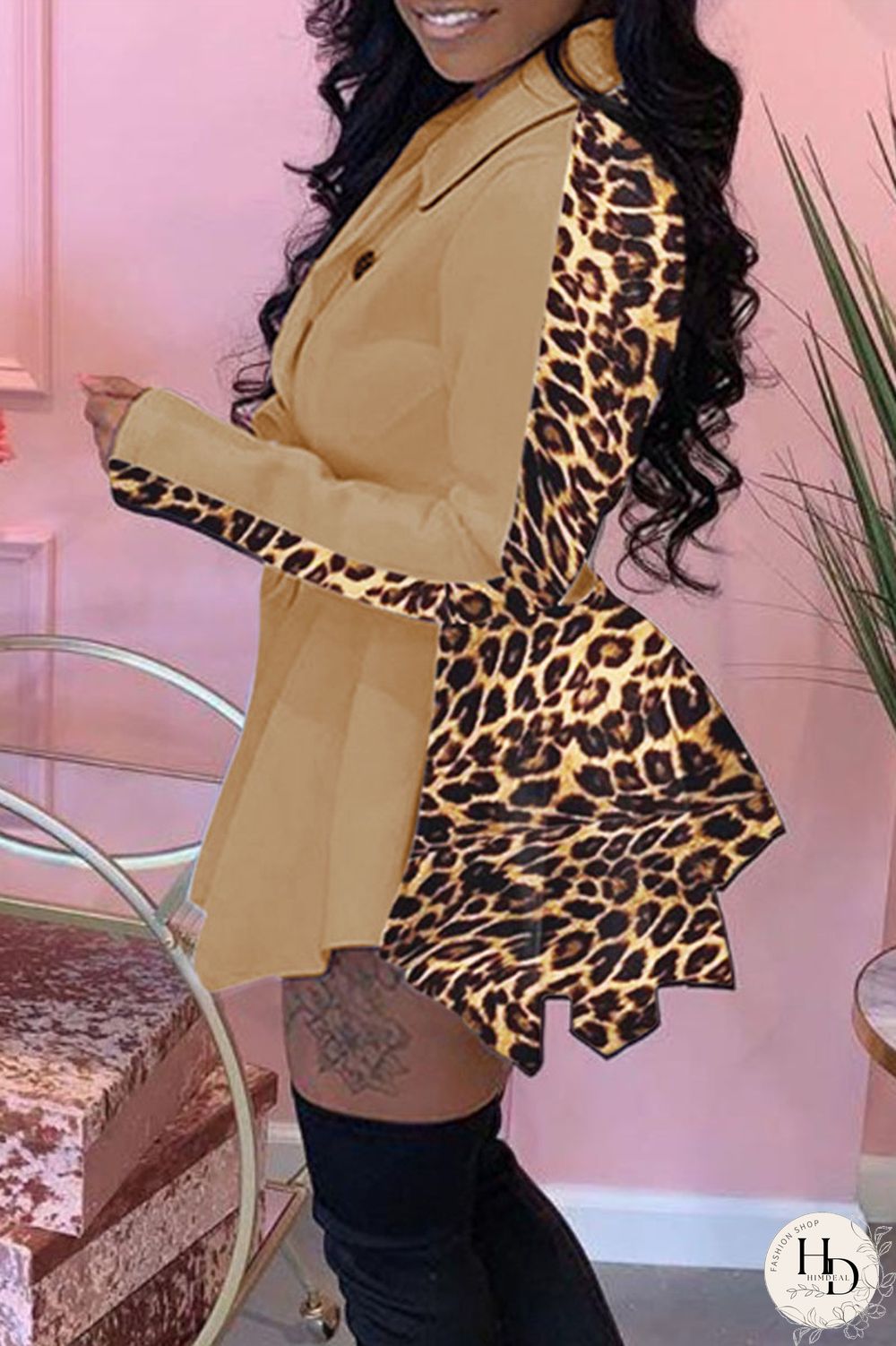 Black Fashion Leopard Camouflage Print Split Joint POLO collar Asymmetrical Dresses