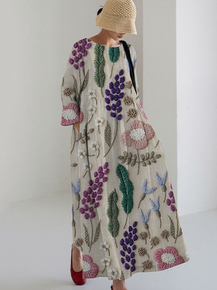 Comstylish Vintage Embroidered Floral Print Casual Loose Dress
