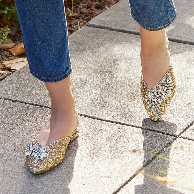 Gold Glitter Shoes Pointed Toe Rhinestone Decor Flat Mules |FSJ Shoes