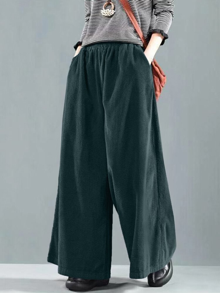 Corduroy Solid Color Elastic Waist Pocket Wide Leg Loose Pants - Shop Trendy Women's Clothing | LoverChic