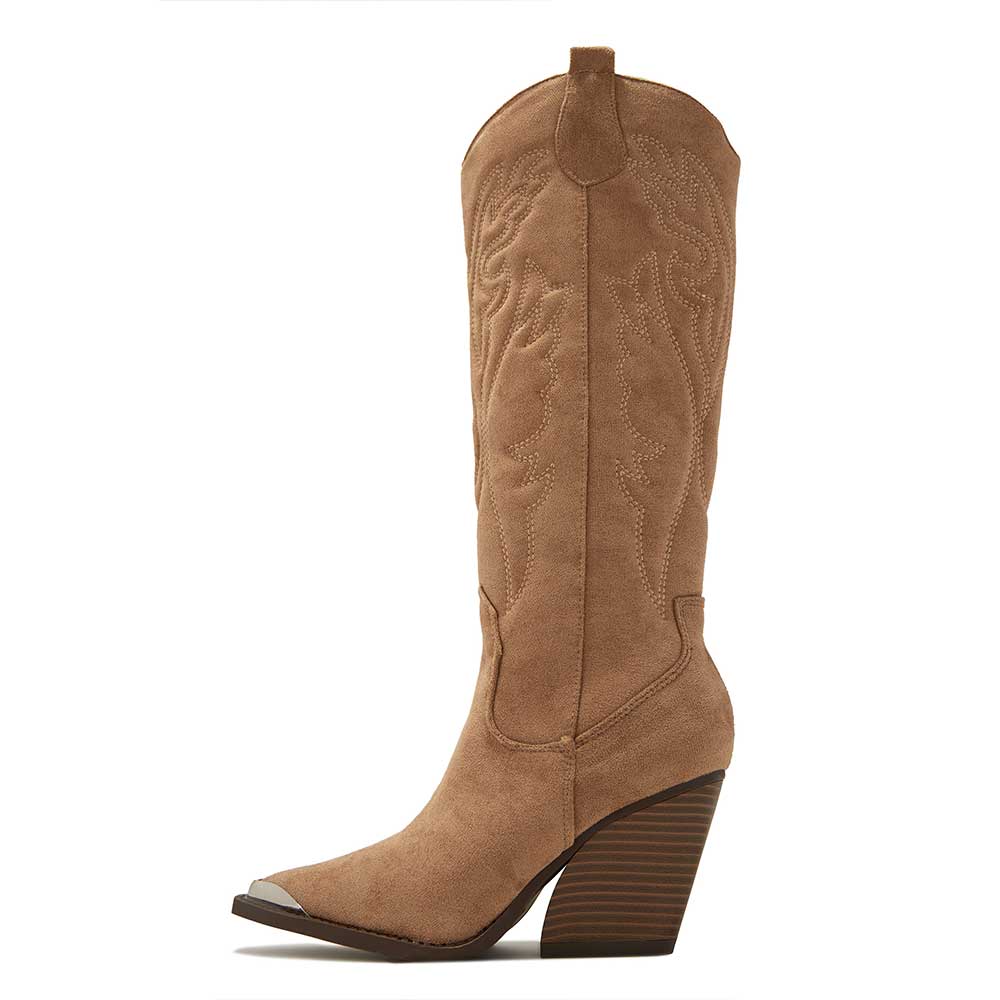 Brown Faux Suede Snip Toe 3'' Chunky Heel Embroidered Cowgirl Boots Nicepairs