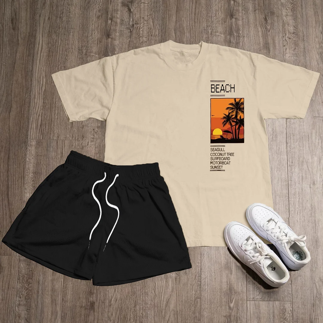 Beach Print T-Shirt Short Sleeve Two Piece Set