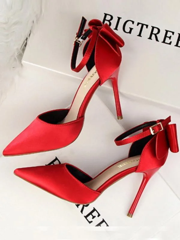 Stiletto high heel shallow pointy satin hollow back bow sandals