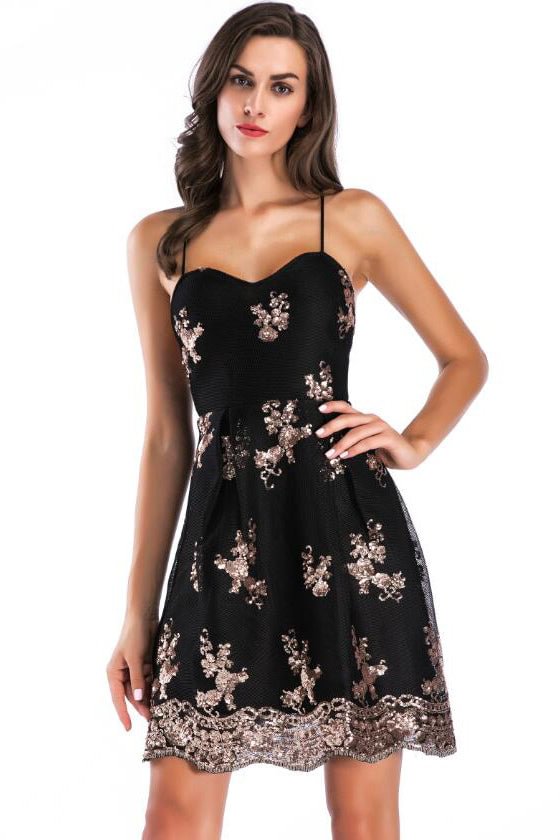 Sequined Lace-up Sweetheart Little Black Dress - Chicaggo