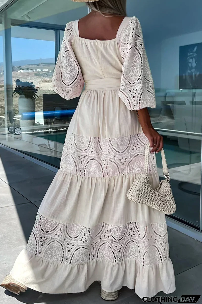 Elegant Solid Hollowed Out Frenulum Square Collar A Line Dresses