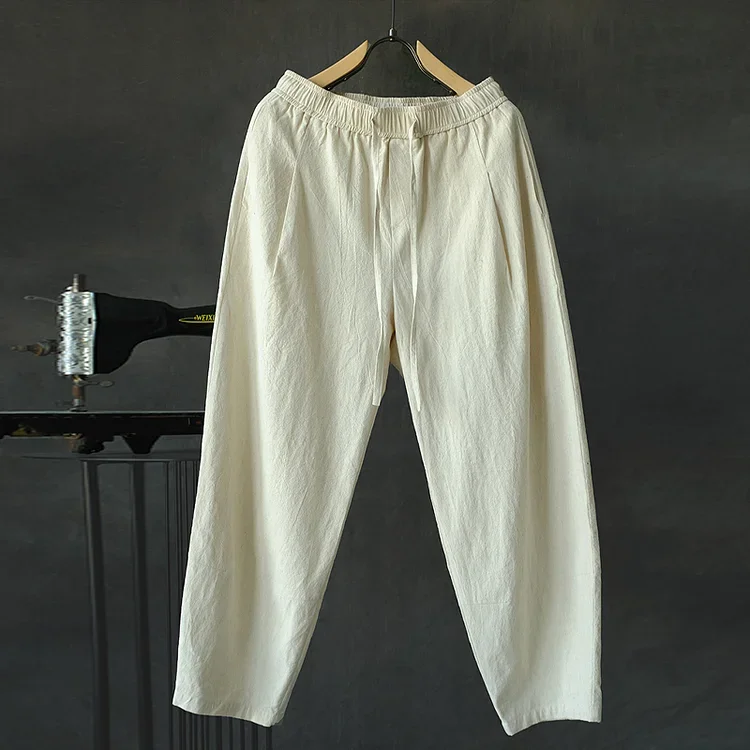 Vintage Beige Loose Cotton And Linen Casual Trousers