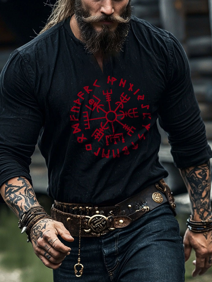 Viking Runestone Tablecloth Rune Compass Rune Tattoo Design Printed Henley Shirt V-Neck Long Sleeve / Rvogue / Rvogue