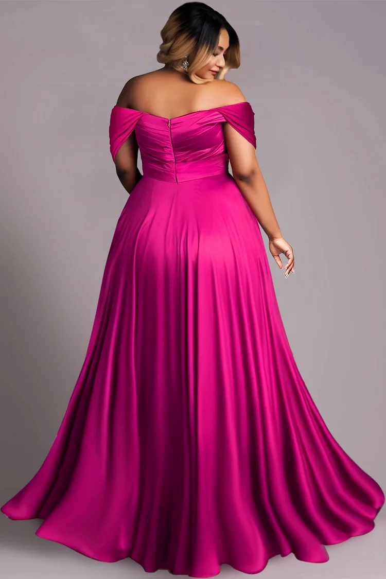 Xpluswear Design Plus Size Formal Black Off The Shoulder Cap Sleeve Split Crinkle Chest Satin Maxi Dresses