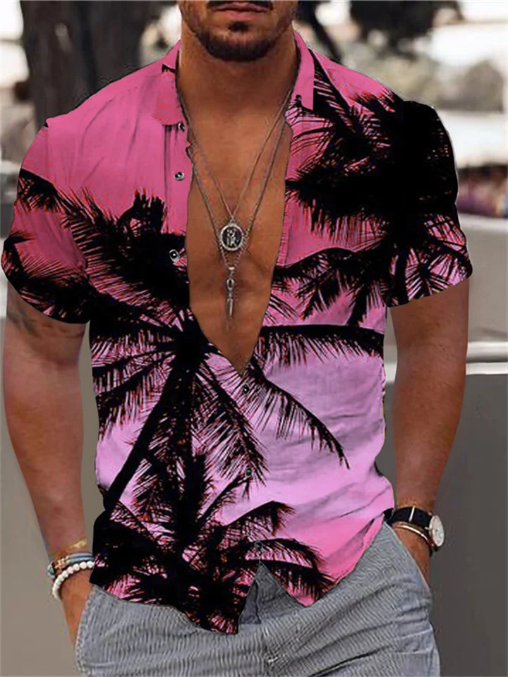 3D Digital Printing Trend Loose Short-sleeved Shirt Men's Shirts Yellow, Black and White, Pink, Brown-Cosfine
