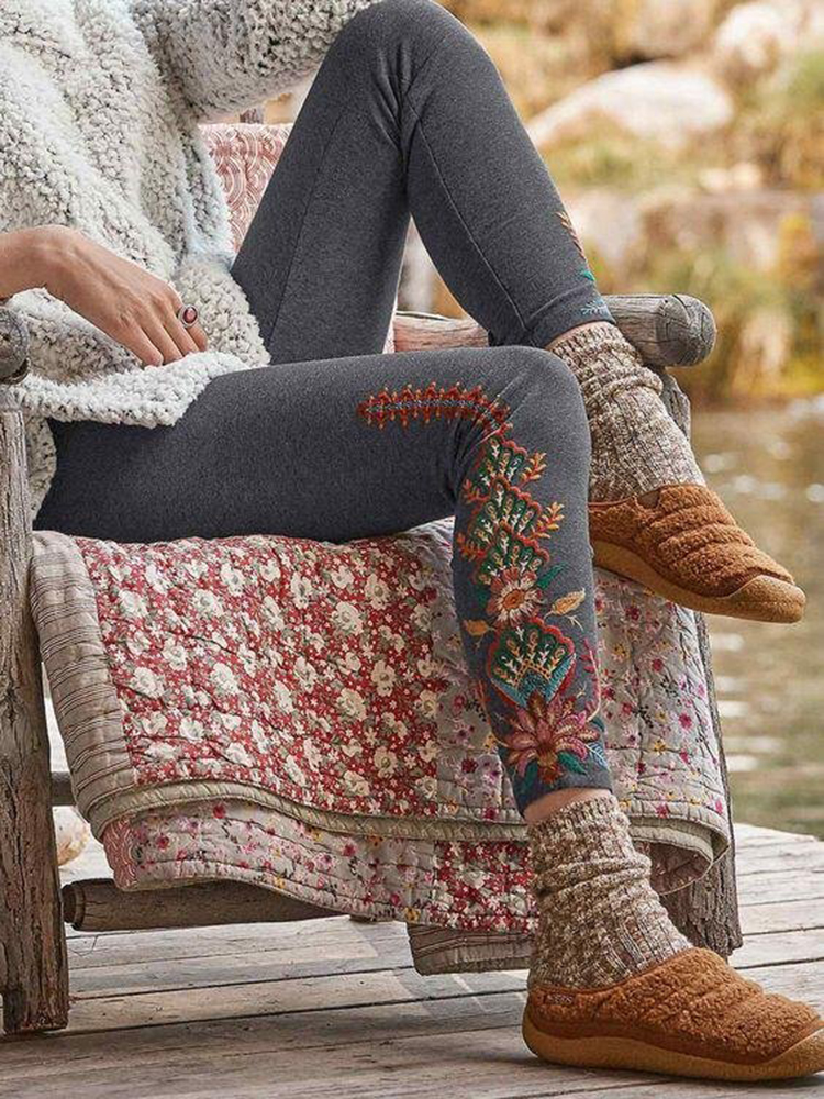 Comstylish Western Ethnic Floral Embroidered Cozy Leggings