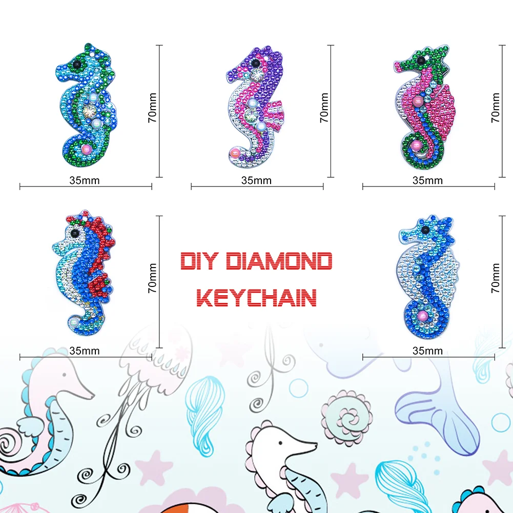 5pcs DIY Full Drill Special Shaped Diamond Painting Seahorse Keychain Craft