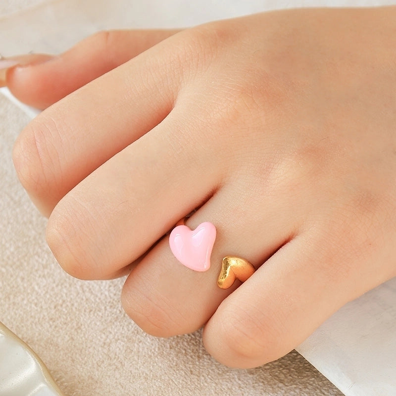 Elegant Sweet Heart Shape 304 Stainless Steel 14K Gold Plated Enamel Open Rings