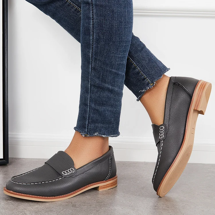 Retro Round Toe Penny Loafers Low Heel Slip on Walking Shoes