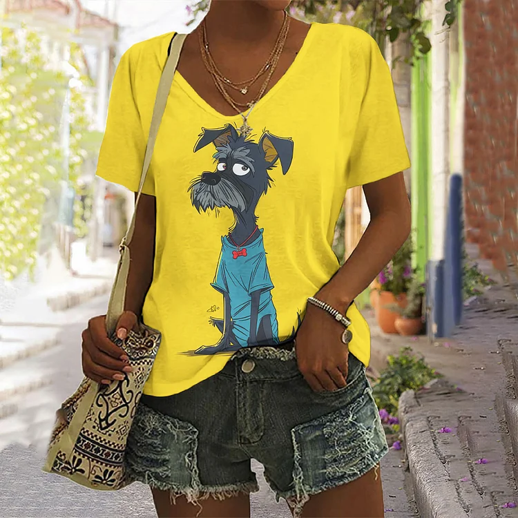 Cute Cartoon Dog Print V-Neck Short Sleeved T-Shirt