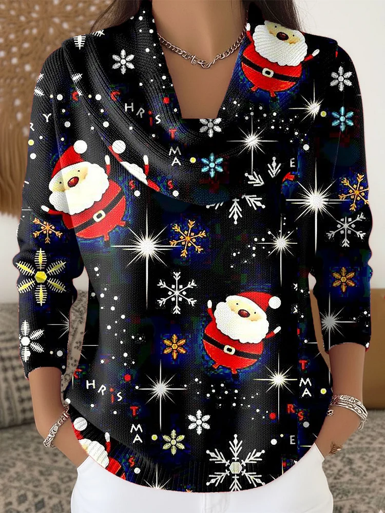 Women's Vintage Santa  Art Print Cowl Neck Sweater