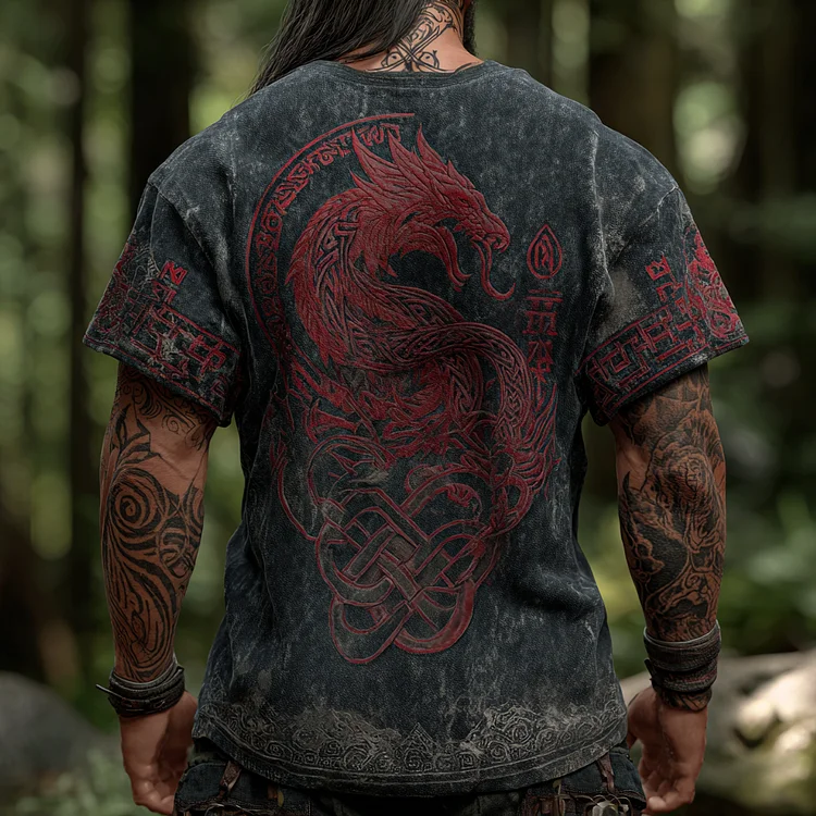 Men's Retro Viking Dragon Rune Loose Fit T-shirt