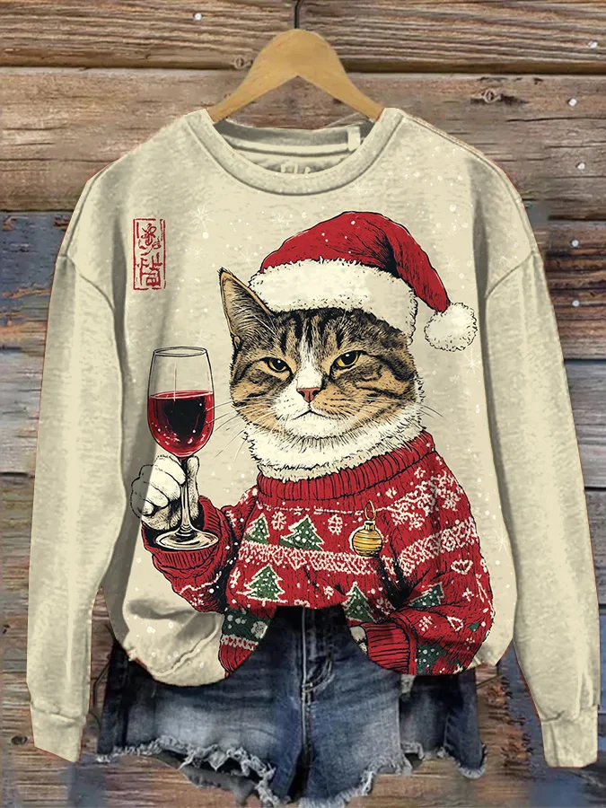 Women's Cat Toast Celebrate Christmas Print Casual Sweatshirt
