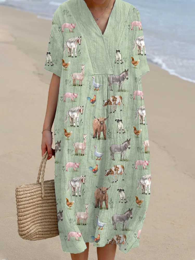 Women's Farm Animals Print Linen Blend Dress