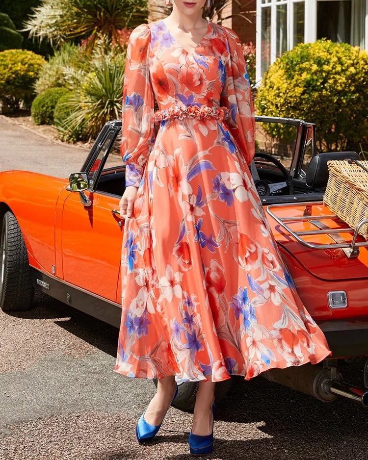 PRINTED MIDI DRESS WITH ELEGANT PUFF SLEEVES