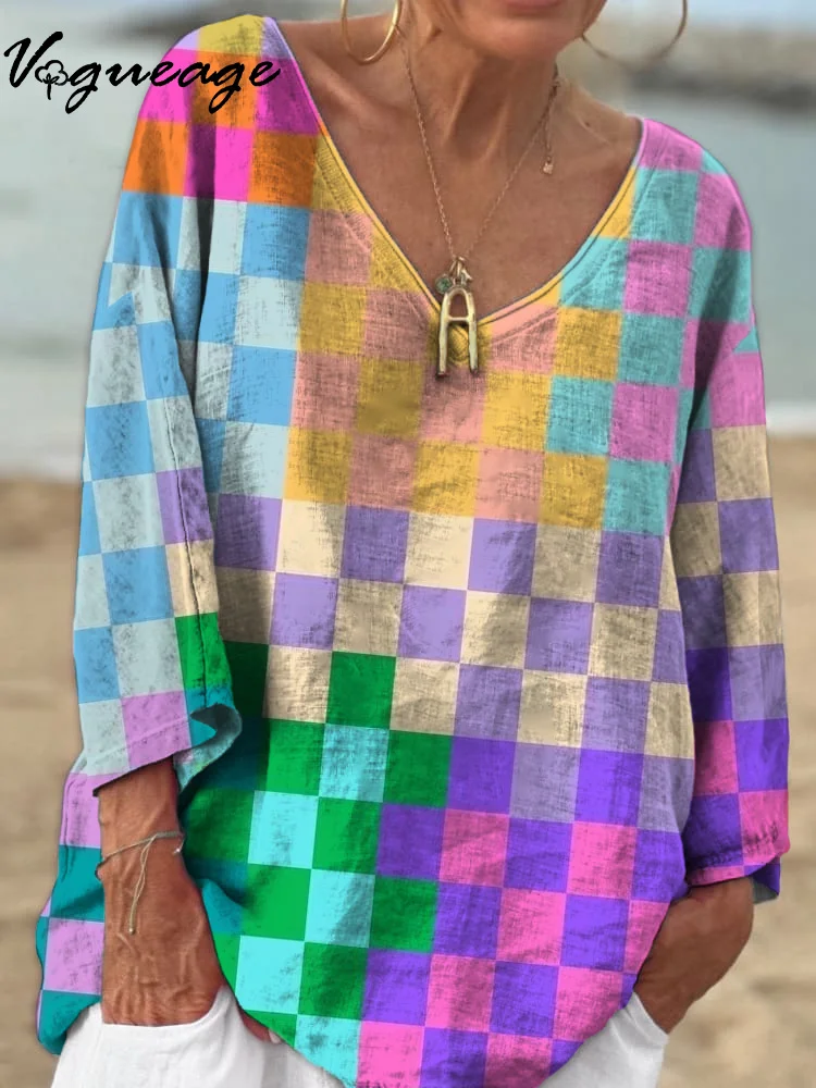 Beautiful Colorful Checkered Stitching 3/4 Sleeves Printed Cotton And Linen Shirt