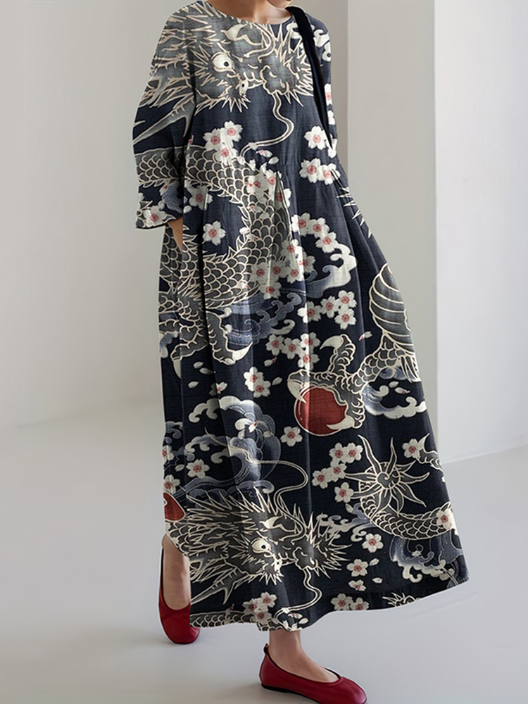 Comstylish Vintage Japanese Art Print Midi Dress