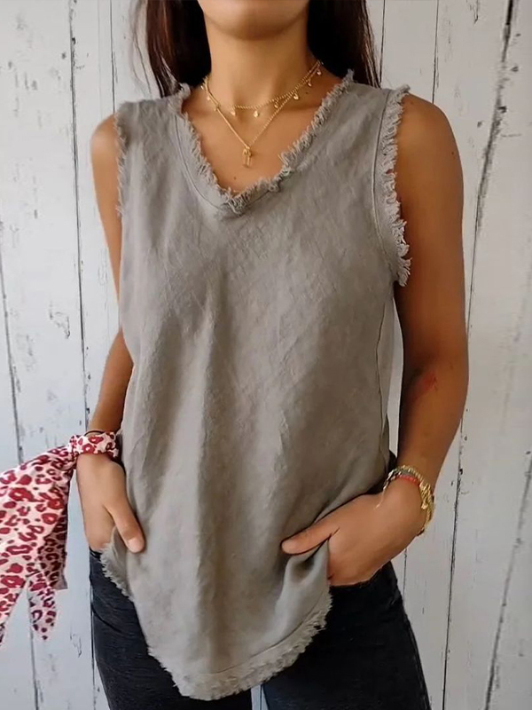 Solid Color V-neck Cotton And Linen Top hjn Shicloths