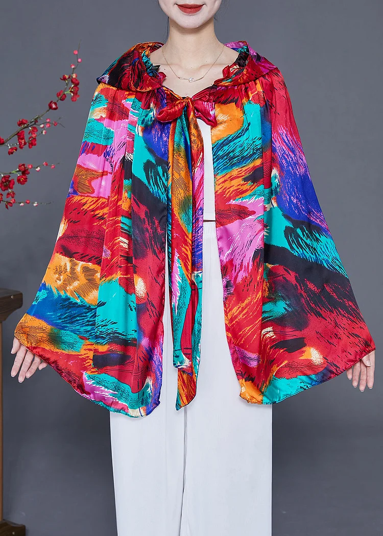 Style Red Hooded Print Silk Shawl