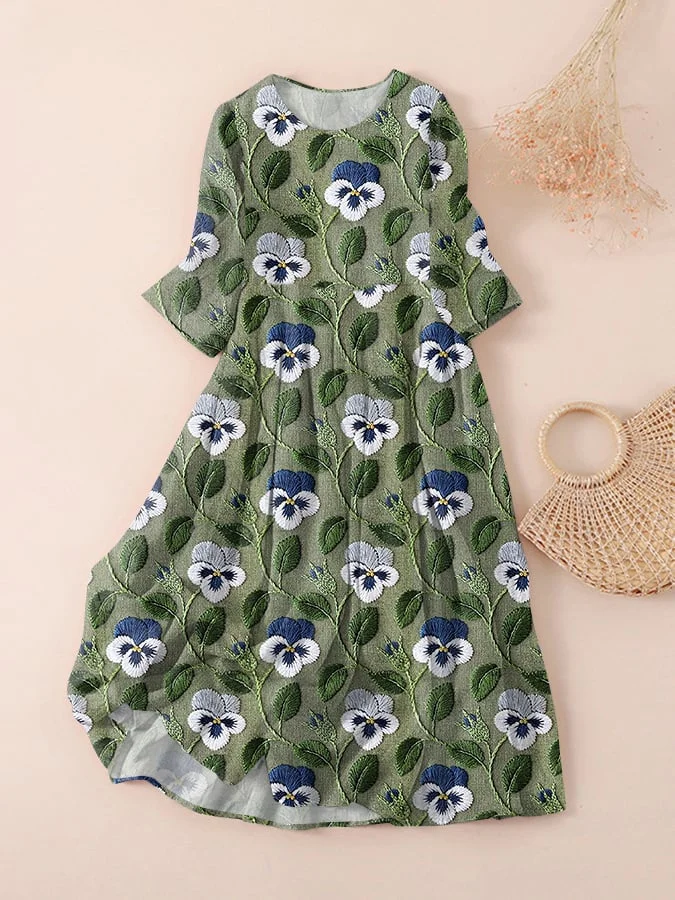 Women's Vintage Floral Embroidery Design Printed Dress