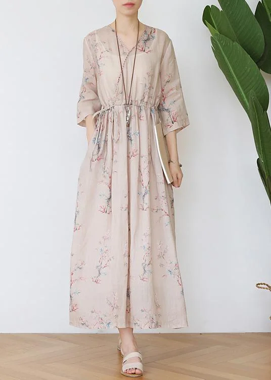 Diy Print Tie Waist Half Sleeve Robe Summer Linen Dress