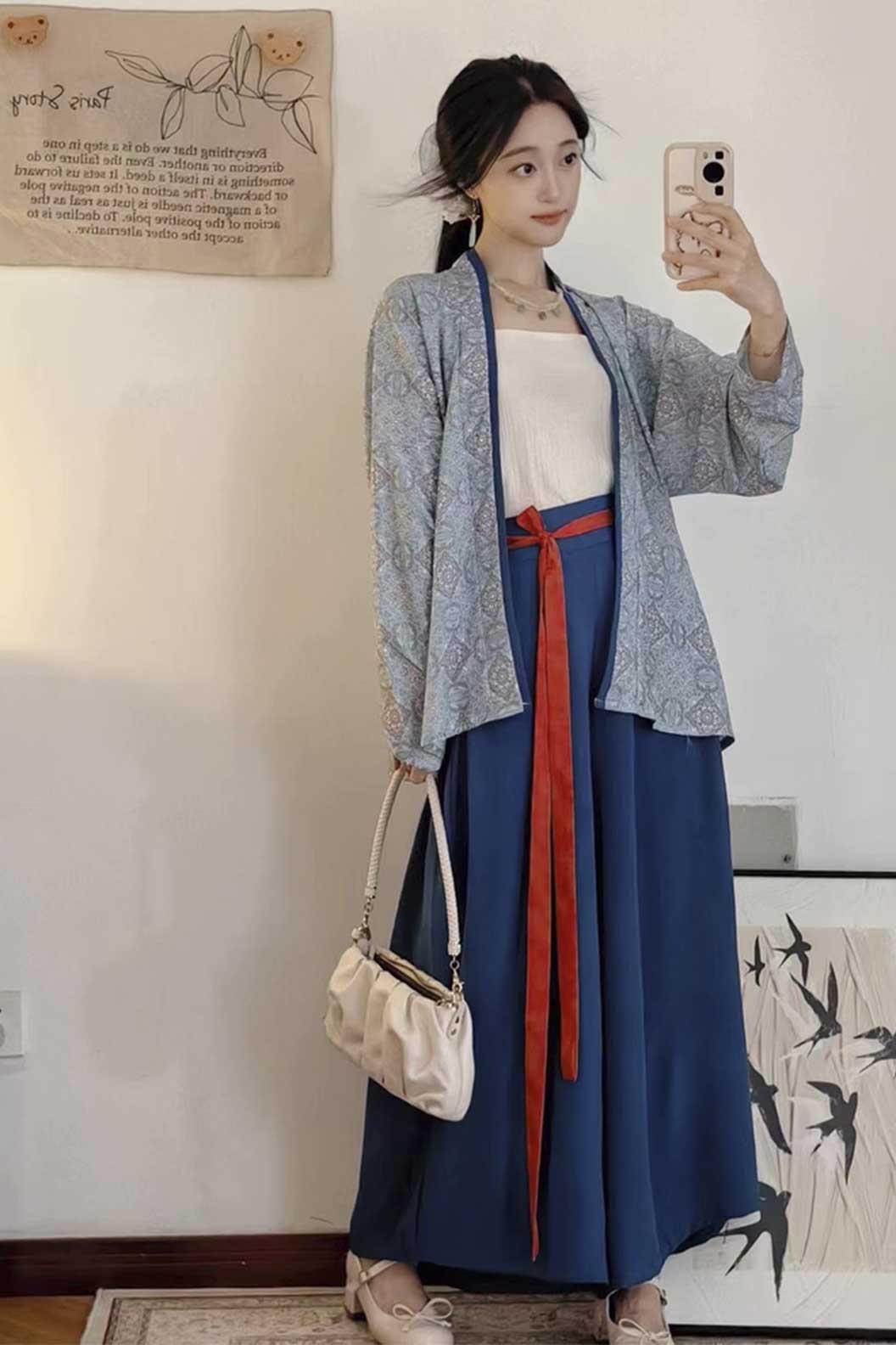 Song Dynasty Blue Hanfu Dress with Tencel Strap and Airplane Sleeves - qinngyu青玉 Stupa Stones