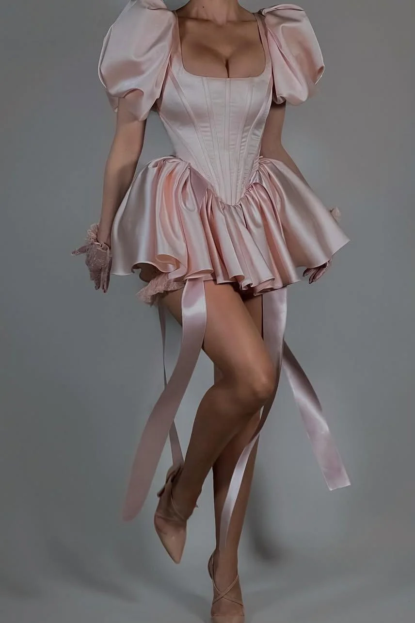 Miabel Amazing Pink Satin Square Neck Puff Sleeves Slim Short Prom Dress with Ruffles  