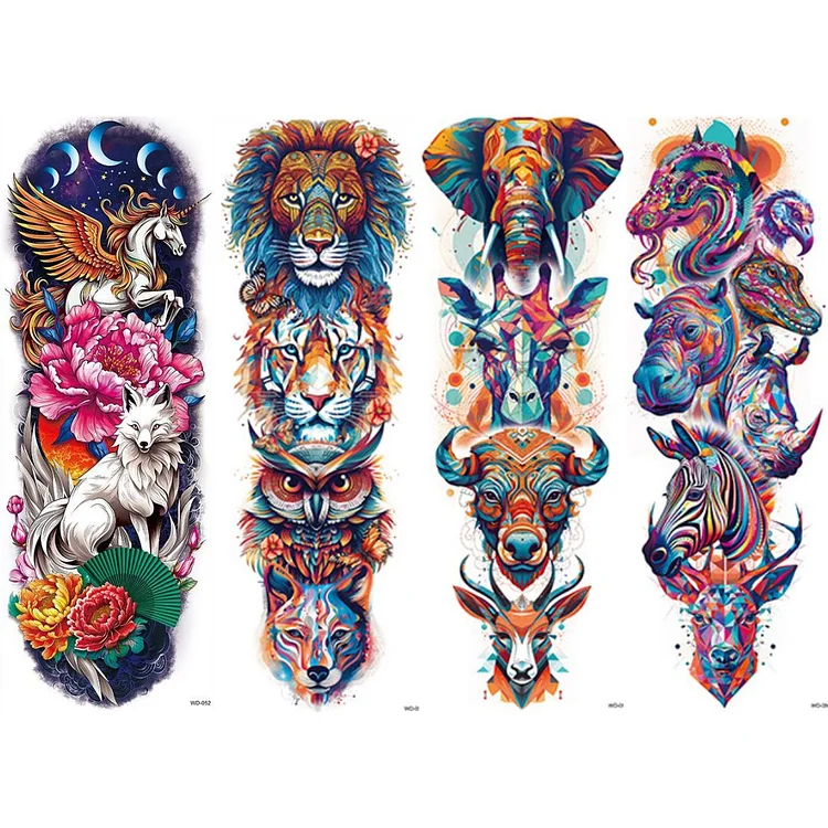 4 Sheets Colorful Lion Tiger Elephant Unicorn Full Arm Sleeves