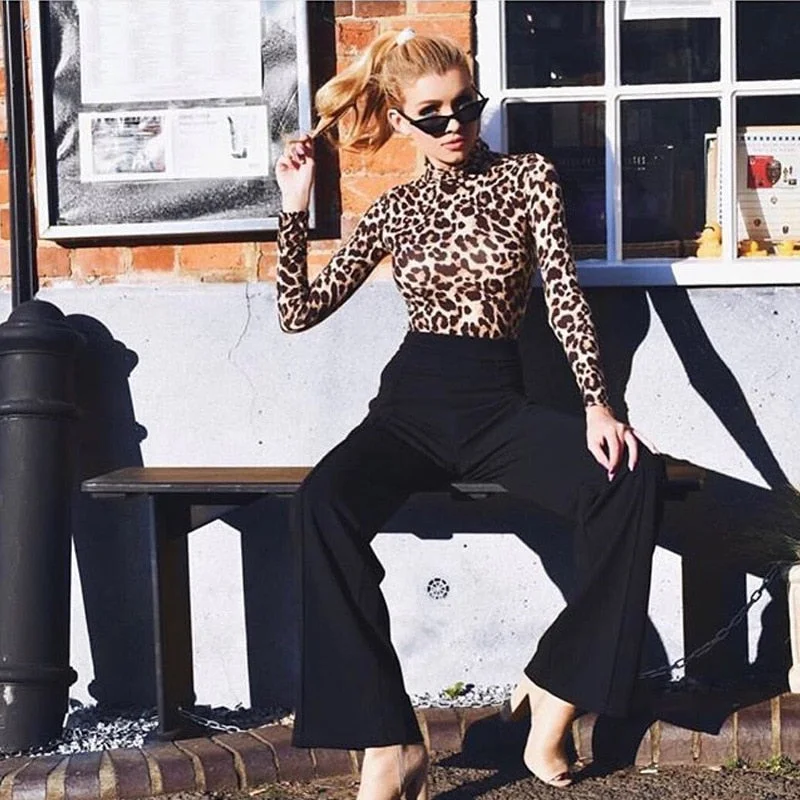 Women Leopard Bodysuit Tops 2021 Autumn Turtleneck Long Sleeve Bodycon Skinny Bodysuits Jumpsuits Ladies Sexy Vintage Club Wear
