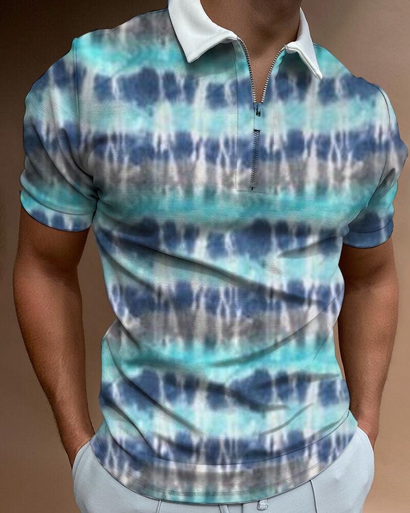 Men's Tie Dye Print Lapel Zip Polo Shirt、、URBENIE