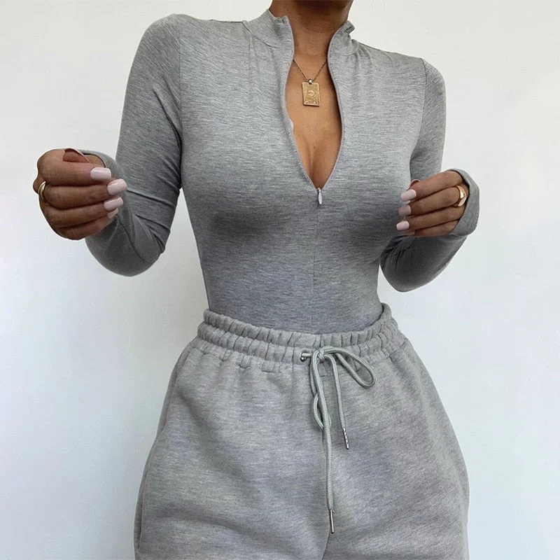 Hugcitar long sleeve front zipper v neck women sexy body 2020 autumn winter high stretchy basic bodysuit