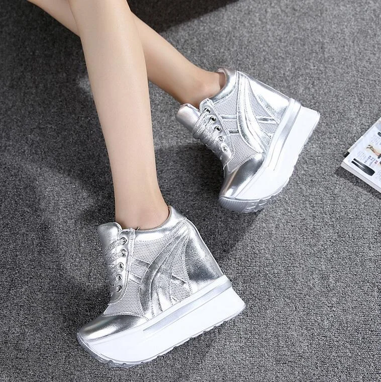 NEW Brand Women Mesh Platform Sneakers Trainers White Shoes 10CM High Heels Wedges Outdoor Shoes Breathable Casual Shoes Woman
