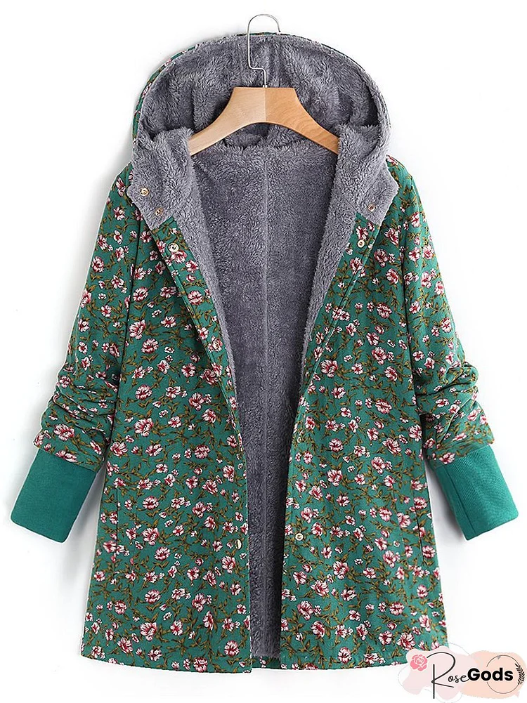 Floral Printed Hooded Long Sleeve Fleece Coat