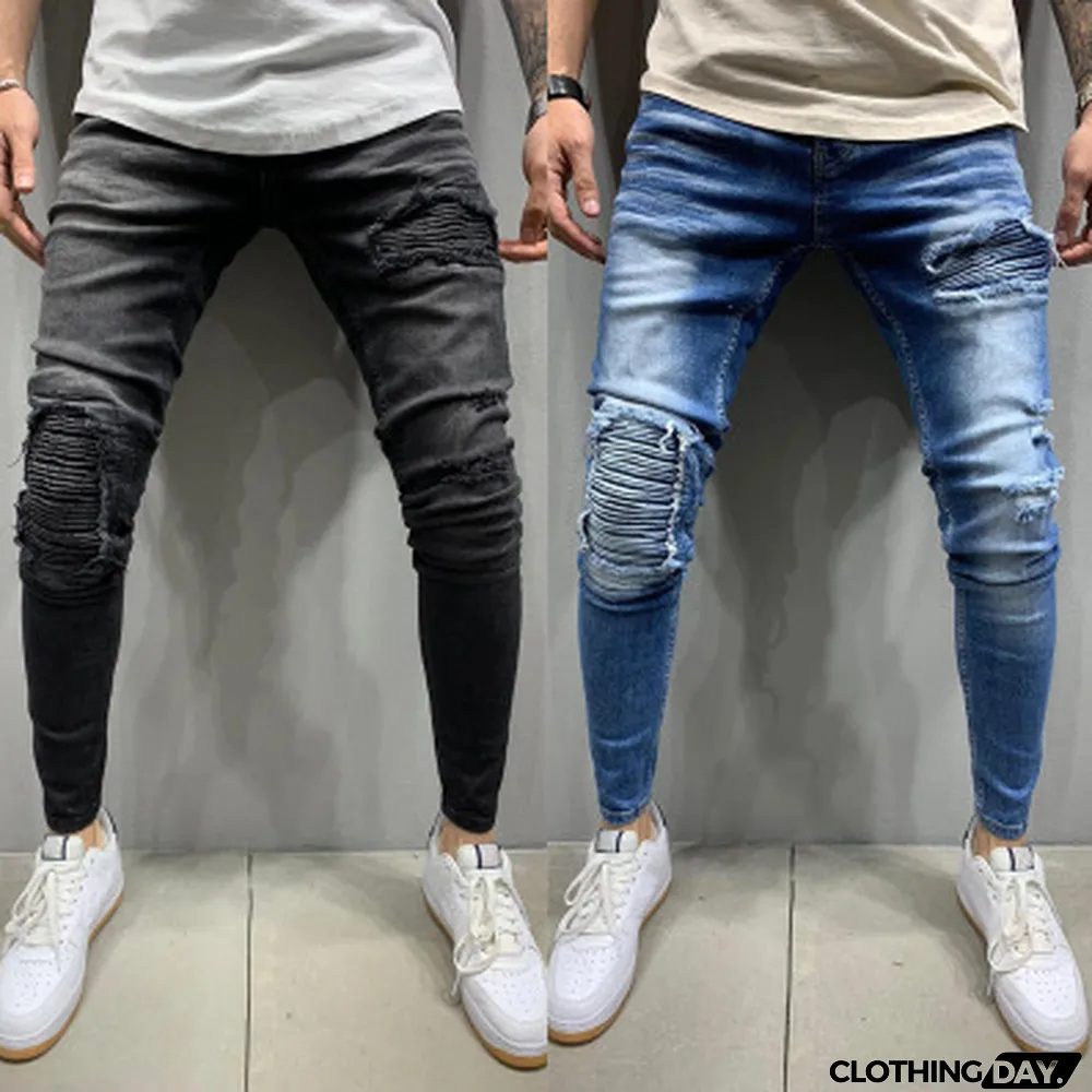 Men's Biker Ruffled Skinny Stretch Jeans